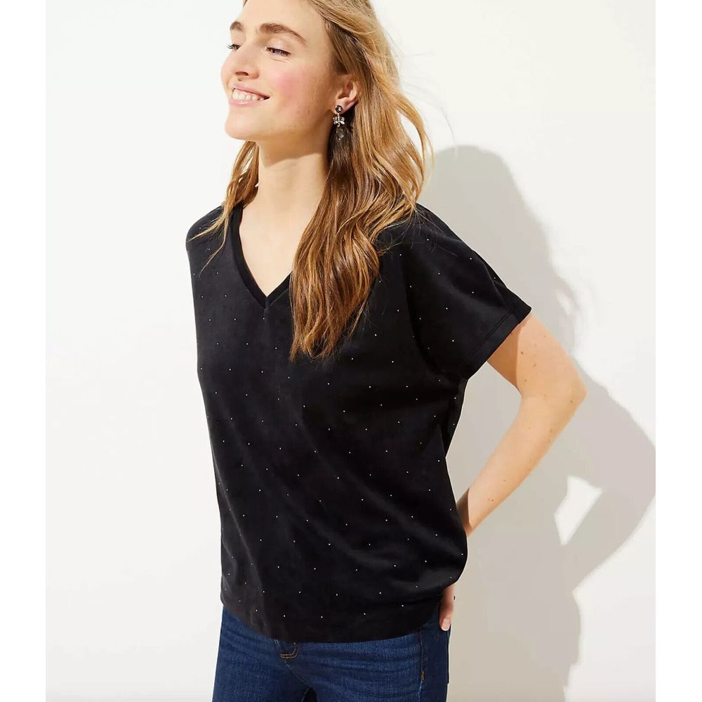 LOFT ANN TAYLOR Petite‎ Black Velvet Studded V-Neck Top Tee Size XSP T-Shirt